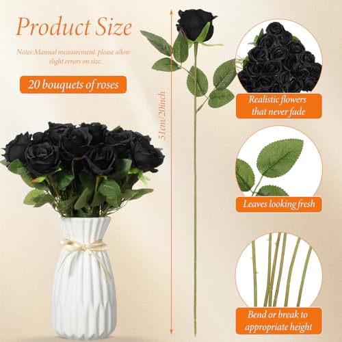 Hotop 20 Pcs Artificial Rose Flowers with Long Stem,Real Lifelike Silk Realistic Plastic Bouquet Roses Bulk for Home Decor Bridal Wedding Party Table Centerpieces Decorations(Black) - color: Black