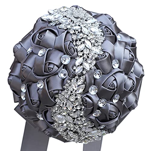 XINNI Handmade Bridal Wedding Bouquet Bride Bridesmaid Satin Rose Flower Bouquet with Meteor Shower Shape Rhinestone Wedding Decoration Grey - color: Grey