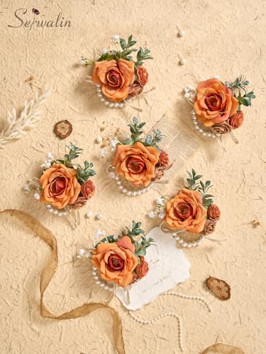 Serwalin 6 PCS Wrist Corsages for Wedding, Girl/Mother Bride Bridesmaids Corsages Wristlet Decor for Prom Wedding Anniversary Homecoming, Orange - color: Orange, size: Corsage 6pcs