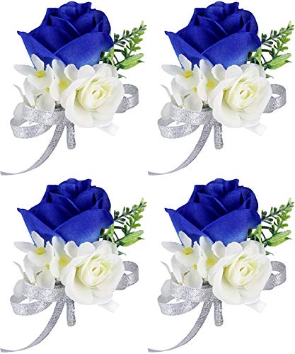 ChezMax Rose Boutonniere Handmade Flower Artificial Corsage with Clip and Ribbon 4 PCS for Bride Groom Wedding Prom Party - color: A-blue Boutonniere-4 Pcs
