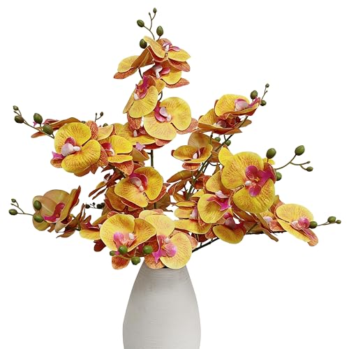 10 Pack Orange Orchid Artificial Flowers Real Touch, 27'' Artificial Fake Faux Silk Orchid Stem Bouquets for Wedding Party Home Garden Decor,Orquideas Artificiales para Decora (excluding the vase) - color: Orange