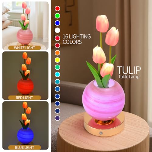 Tulip Flower Planet Lamp with Remote Control, Rechargeable Cordless Touch Dimming Artificial Flower Desk Lamp, LED Night Light Romantic Gifts for Girl Women Grandmother (Remote Control) - style: Remote control