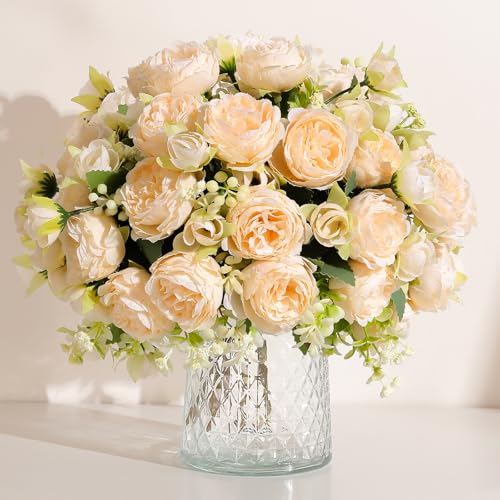 Luyue 8 Packs Peonies Artificial Flowers Vintage Faux Peony Bouquet Fake Flower for Vase Silk Floral Arrangements for Table Centerpiece Wedding Decoration Indoor Home Decor - color: Champange-8pcs