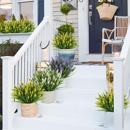 RECUTMS 12 Bundles Artificial Grass Fake Plants Outdoor Fake Grass UV Resistant Greenery Plastic Plants for Home Window Garden Office Patio Hanging Planter Pathway Front Porch Décor(Yellow) - color: Yellow