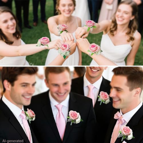 Wrist Corsage and Boutonniere Set, Artificial Rose Corsage Wristlet and Boutonniere for Wedding Prom Party (Pink, 2 Boutonniere&2 Wrist Corsage) - color: Pink, 2 Boutonniere&2 Wrist Corsage