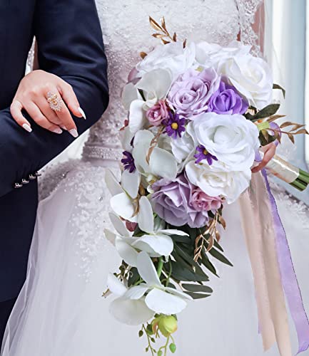 Bridal Bouquets for Bride, 11 Inch Artificial Flowers Bridal Bouquet Cascading Wedding Bouquets for Bride for Wedding Ceremony and Anniversary(White Purple) - color: White Purple
