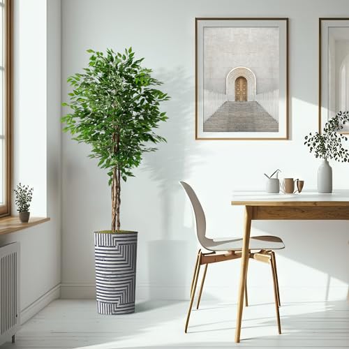 Artificial Tree in Modern Geometric Pattern Planter, Fake Ficus Silk Tree for Indoor and Outdoor Home Decoration - 75" Overall Tall (Plant Pot Plus Tree) - style: Ficus Tree
