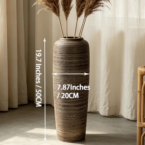 19.7 Inch Rustic Ceramic Large Floor Vase, Ribbed Textured Rustic Farmhouse Vase for Pampas Grass, Living Room & Entryway Décor, Handmade Ceramic Accent - size: 19.7 Inch