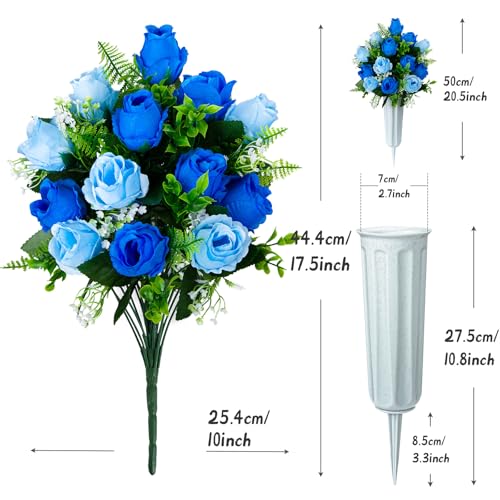 XONOR Artificial Cemetery Flowers for Grave Decorations, Artificial Memorial Roses Flowers Bouquet with Vase for Cemetery Headstones Decoration, 2 Sets (Dark Blue&Light Blue) - color: Dark Blue&light Blue