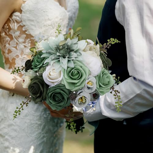 Floweroyal Artificial Flowers Combo Green Flowers Mix Silk Flowers Dahlia Roses with Stems for DIY Wedding Bridal Bouquets, Baby Shower, Floral Arrangement, Table Centerpieces, Home Decorations. - color: Forest Green