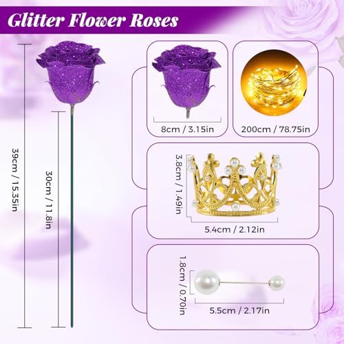 Purple Glitter Roses Bouquet, 24 Pcs Shiny Glitter Flowers Bouquet, Everlasting DIY Artificial Roses Bouquet for Christmas, Birthday, Anniversary, Wedding, Engagement - color: Purple-a, size: 24 PCS