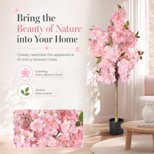 Set of 2 Artificial Cherry Blossom Trees 4FT, Faux Pink Sakura Blossom Flower Tree with Secure Heat-Fused Petals & Base, Realistic Potted Fake Plants for Home Office Wedding Indoor Decor - color: Cherry Blossom Tree 2p Pink