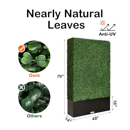 Artificial Boxwood Hedge Wall,Greenery Fake Faux Grass Backdrop Divider with Black Steel Planter Box,Outdoor Privacy Panels for Patio,Balcony,Restaurant,Garden,Party Décor 48" WX79 HX14 D - size: 48"WX79"HX14"D