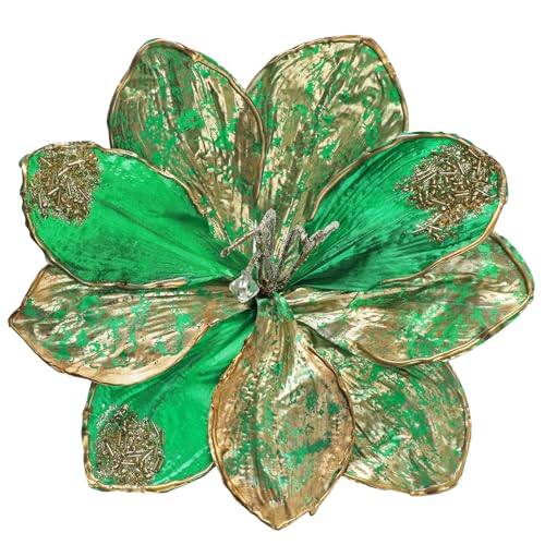Briful 3PCS Magnolia Artificial Flowers 21.2" Green Gold Fake Magnolia Flower Stems with Specially Designed Mottled Petals Christmas Tree Flowers for Holiday Wreath Garland Xmas Decor - color: Green Gold