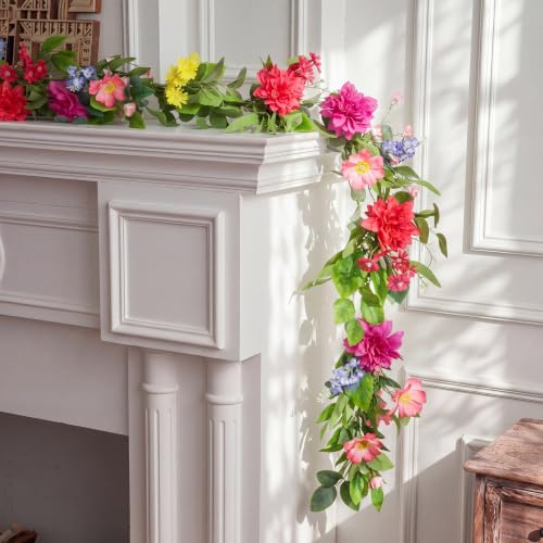 Giegxin 1 Pack 6 ft Artificial Flower Garland Flower with Dahlia and Wildflower Pink Purple Fake Wisteria Vines Summer Greenery Eucalyptus Garland for Wedding Mantle Porch Stair Table Indoor Decor - style: Dahlia,Wildflower