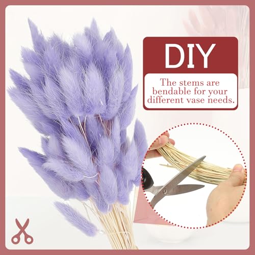 PATIKIL 15.7in Bunny Tails Dried Flowers, 80pcs Pampas Grass Decor Rabbit Tail Natural Pampas Grass Bulk Fluffy Faux Pampas Grass Dried for Home Boho Decor Vase Wedding Table, Purple - color: Purple