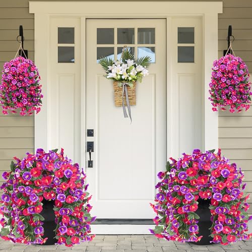 Artificial Fake Hanging Flowers Plants for Outdoor Outside Spring Summer Decoration 2PCS Faux Silk UV Resistant Realistic Morning Glory Trailing Vines for Home Porch Patio Balcony(Rose red & Magenta) - color: Rose Red & Magenta, size: 2Pcs