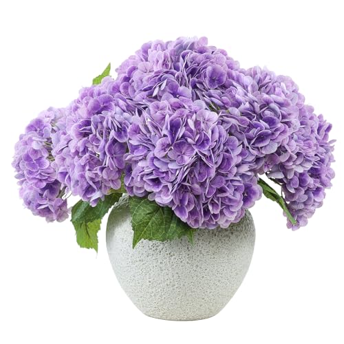 LFF 3Pcs Purple Hydrangea Artificial Flowers, 8.66" Large Real-Touch Latex Blooms with 22" Long Stems, Faux Hydrangea for Outdoor Planter Indoor Home Table Centerpieces Wedding Decor Bouquets - color: Purple
