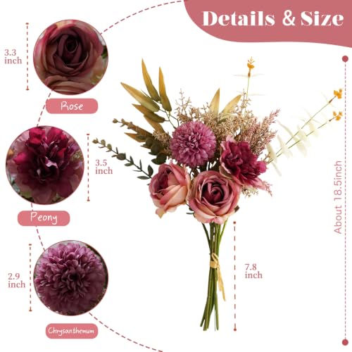 Artificial Flowers Bouquet - Faux Silk Flowers Centerpiece, Realistic Fake Flowers Plants for Home Decor Dining Table, Indoor Vase, Wedding Bouquet Arrangements (Red) - color: Red