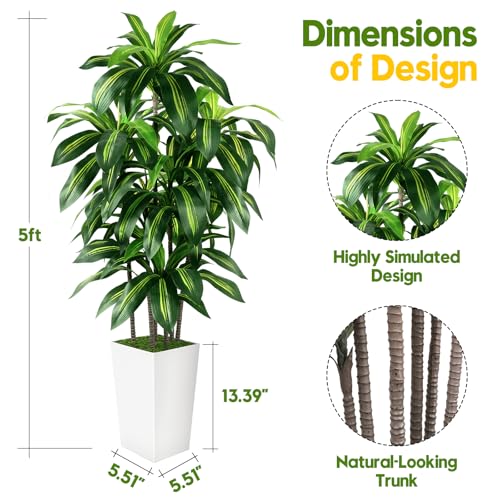 Artificial Dracaena Tree Indoor, 5FT Tall Fake Tree with White Tall Planter, Artificial Tree Fake Yucca Potted Tree for Home Office Living Room Decor, Tall Artificial Plant for Housewarming - color: White, size: 5ft