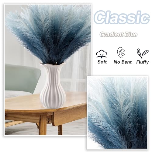 60Pcs Navy Blue Gradient Faux Pampas Grass Decor, 21.7" Pompas Grass Flower Arrangement and Vase Filler for Boho Home Wedding Decoration - size: 21.7'' Tall Navy Blue Gradient