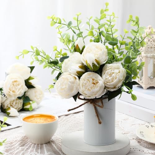 6 Sets Artificial Peonies Flowers, 6 Artificial Peony with Vase 6 Faux Eucalyptus, Faux Silk Peony Bouquet Spring Flowers for Decoration Wedding Party Home Dining (White) - color: White