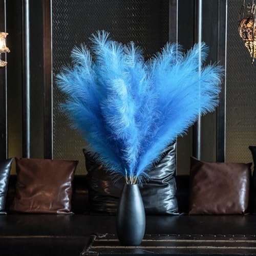 Premium Faux Navy Blue & Sky Blue Pampas Grass Decor – 43.3″8pcs Tall Fluffy Dual-Tone Feather Flowers, No Assembly 18-Branch One-Piece Stems for Coastal Boho Wedding & Modern Home Decor (8pcs 110cm) - color: Faux Navy Blue, size: 8pcs 43.3"(110cm)
