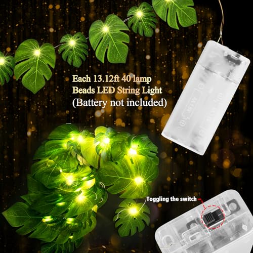 GuassLee 13.12 FT Hawaiian Tropical Party Decoration String Lights-40 LED Monstera Leaf String Lights for Luau Aloha Jungle Themed Party Decorations Supplies (2 Pcs)