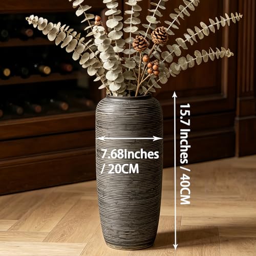 15.7 Inch Rustic Ceramic Large Floor Vase, Ribbed Textured Rustic Farmhouse Vase for Pampas Grass, Living Room & Entryway Décor, Handmade Ceramic Accent - size: 15.7 Inch