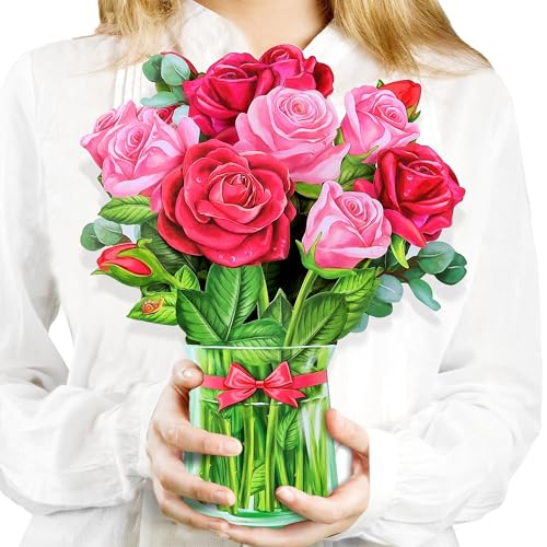 Airpark 3D Pop Up Paper Flowers Bouquet Card 12’‘ with Note & Envelope, Birthday Gifts, Anniversaries, Get Well, Thank You, Greeting Cards for Women Mom Wife Friends, Red Rose - style: Roses
