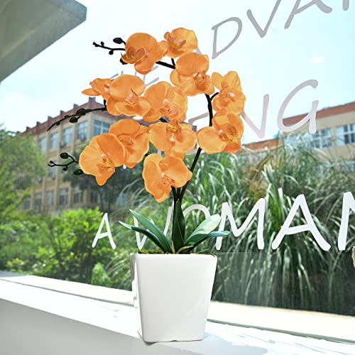 15" Tall Artificial Silk Phalaenopsis Orchid Flower Plant Pot Arrangements (Orange) - color: Orange