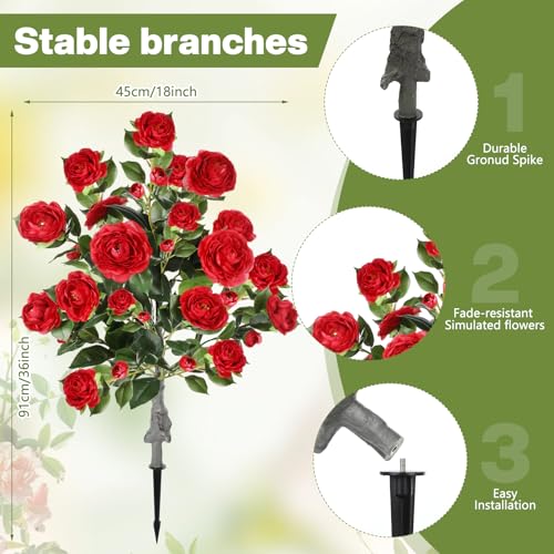 Lunmon 2 Pack 3ft Artificial Camellia Plants Tree 36" Faux Camellia Flower with Spike UV Resistant Realistic Fake Floral Blooming Bush for Indoor Outdoor Front Door Porch Backyard Garden, Burgundy - color: Burgundy, size: 3 ft