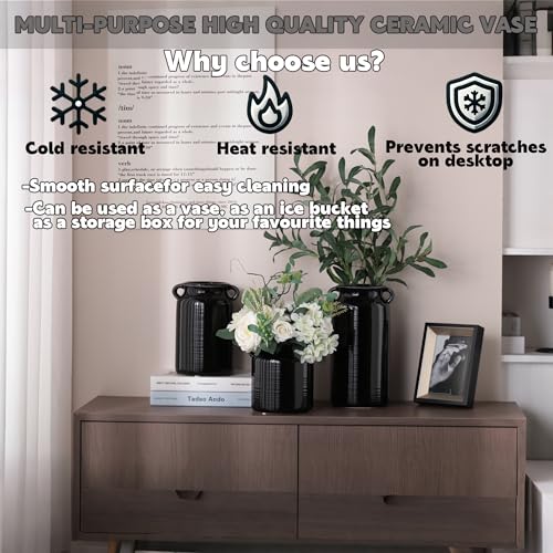 Ceramic Rustic Distressed Black Flower Vase for Centerpieces, Kitchen, Office or Living Room (5.9''x6.3”) - color: Black, size: 5.9''x 6.3”