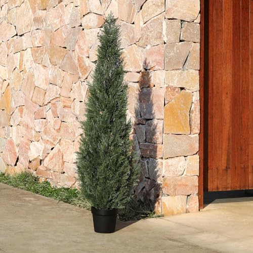 Laiwot 5FT Artificial Cedar Topiary Trees for Outdoors Potted Fake Cypress Trees Faux Evergreen Plants for Home Porch Decor Set of 2 - size: 5ft