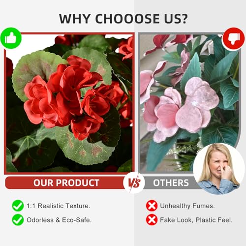 Artificial Geranium Flowers for Outdoor 2 Pcs Artificial Red Flower Fake Flowers with Stems Silk Realistic Look Real Floral Arrangement for Front Door Porch Planter Patio Balcony (2 Pcs Red) - color: 2 Pcs Red