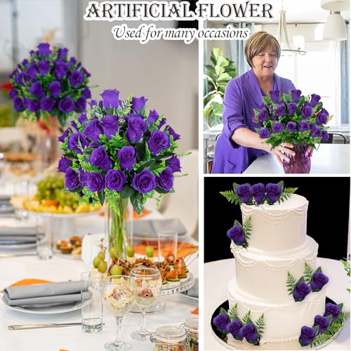 XONOR Artificial Rose Flowers - 4Bouquets Realistic Fake Silk Roses for Wedding Party Home Centerpieces Office DIY Cemetery Grave Decoration (Pack of 4, Purple) - color: Purple
