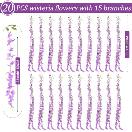 300 Branches Wisteria Hanging Flowers,20Pcs Total 120ft Purple Wisteria Artificial Flowers Garland Vine Silk Hanging Flowers for Wedding Party Arch Ceremony Garden Home Backdrop Decor - color: Purple, size: 20