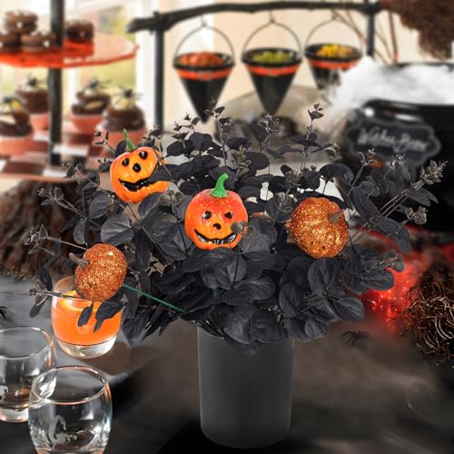 Yen Jean 12PCS Black Halloween Pumpkin Decorations Indoor Artificial Fake Flowers: Eucalyptus Branches Stems Table Centerpieces Decor - style: halloween with pumpkin