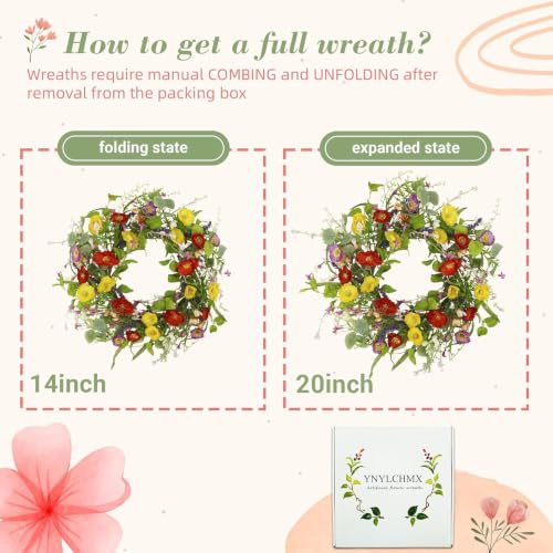 YNYLCHMX 20" Spring Summer Wreaths for Front Door, Artificial Floral Wreath with Green Eucalyptus Leaves, Green Foliage Wreath for Wall Window Farmhouse Party Holiday Home Decor - color: Red,yelllow, Purple Daisies