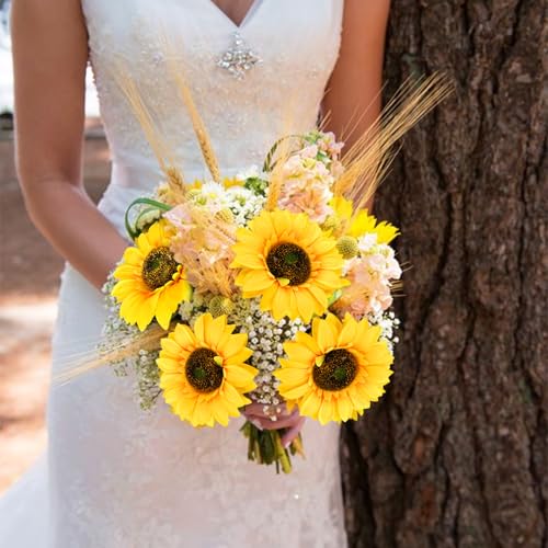 24.4" Sunflowers Artificial Flowers 12Pcs Fake Sunflowers Bulk Realistic Silk Sunflower Bouquet with Long Stems for Wedding Arrangement Table Centerpieces Outdoor Indoor Grave Fall Decor - color: Yellow-12pcs