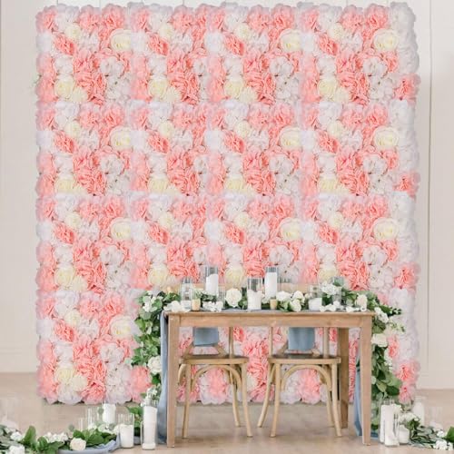 12-Pack Flower Wall Panels, 15x15 Inch Artificial Silk Rose Backdrop 3D Silk Hydrangea Rose Floral Panel for Photo Background Home Party Wedding Backdrop Decoration - color: Pink