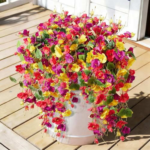 2PCS Fall Artificial Hibiscus Silk Flowers for Outdoors Planter, Fake Hanging Flowers Plants, Long Trailing Vines for Home Patio Garden Balcony Yard Decor UV Resistant - color: Green,fuchsia,yellow,purple
