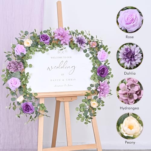 Waipfaru Flower Garland, 6.07Ft Eucalyptus Garland with Flowers, Silk Rose Floral Vines for Wedding Reception Table Mantle Decor (Purple) - color: Purple-6.07ft, size: 1 Pack