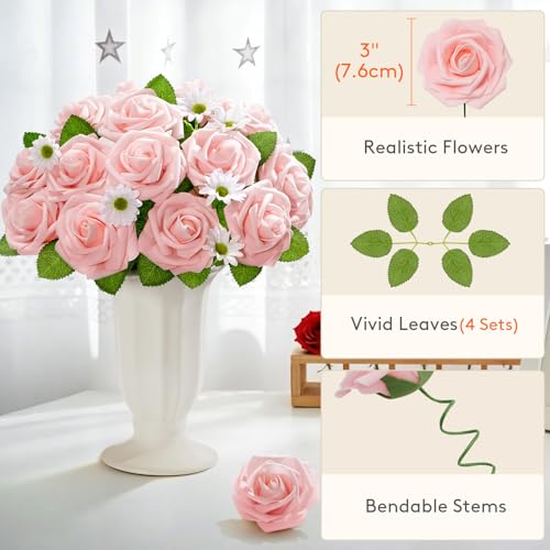 Lifewit Artificial Flowers, 25 Pcs Blush Foam Real Looking Roses with Stems, Fake Roses for DIY Wedding Bouquets, Centerpieces Arrangements, Valentine Decorations - color: Blush