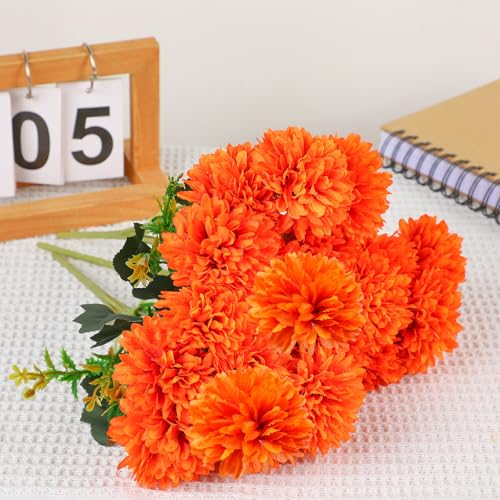 12Pcs Artificial Fall Flowers, Fake Silk Chrysanthemums Orange Marigold Ball Flower Fake Mums for Autumn Dia De Los Muertos Day of The Dead Home Decor Outdoors Indoor
