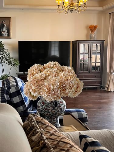 ZYTUYO 5 Pcs Light Coffee Silk Hydrangeas Artificial Flower Boho 20'' Faux Hydrangeas for Fall Indoor Home Decor Spring Kitchen Living Room Outdoor Porch Wedding Flower Arrangement - color: Light Coffee