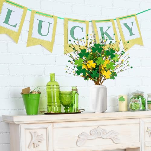 Sggvecsy St.Patrick's Day 8 Pcs Shamrock Berry Stems Artificial Wooden Shamrock Picks Green Yellow Berry Branches for Irish St.Patrick's Day Arrangement Centerpiece Home Vase Decor - color: Green and Yellow