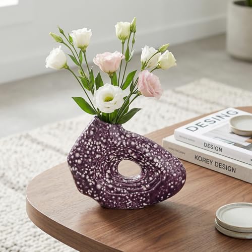 Sunddo Purple Ceramic Vase for Home Decor, 7 Inch Small Modern Flower Vase, Unique Decorative Vase for Flowers, Living Room, Bedroom, Centerpiece Table, Office Desk, Bookshelf Decor - color: Purple, size: 7 inch