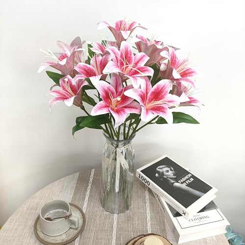 Artificial Lily Flowers,6 Pcs Faux Lily Flowers,23 Inch Long Stem Tiger Lily Branch with 3 Full Blooms and 4 Leaves, Latex Real Touch Lilium Flower for Wedding Bouquet (6, hot Pink) - color: Hot Pink
