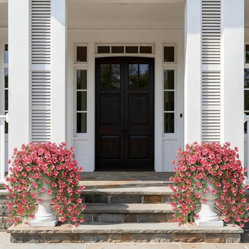 GLIDLION 4 PCS Artificial Morning Glory & Eucalyptus for Outside, Realistic Sun Resistant Fake Silk Hang Flower Faux Eucalyptus Leave for Patio Farmhouse Garden Porches Balcony Decor (Rose Red) - color: Rose Red